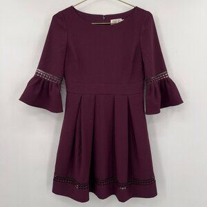 Eliza J Purple Fit & Flare Cocktail Dress Bell Sleeves Mesh Trim Women’s Size 6P